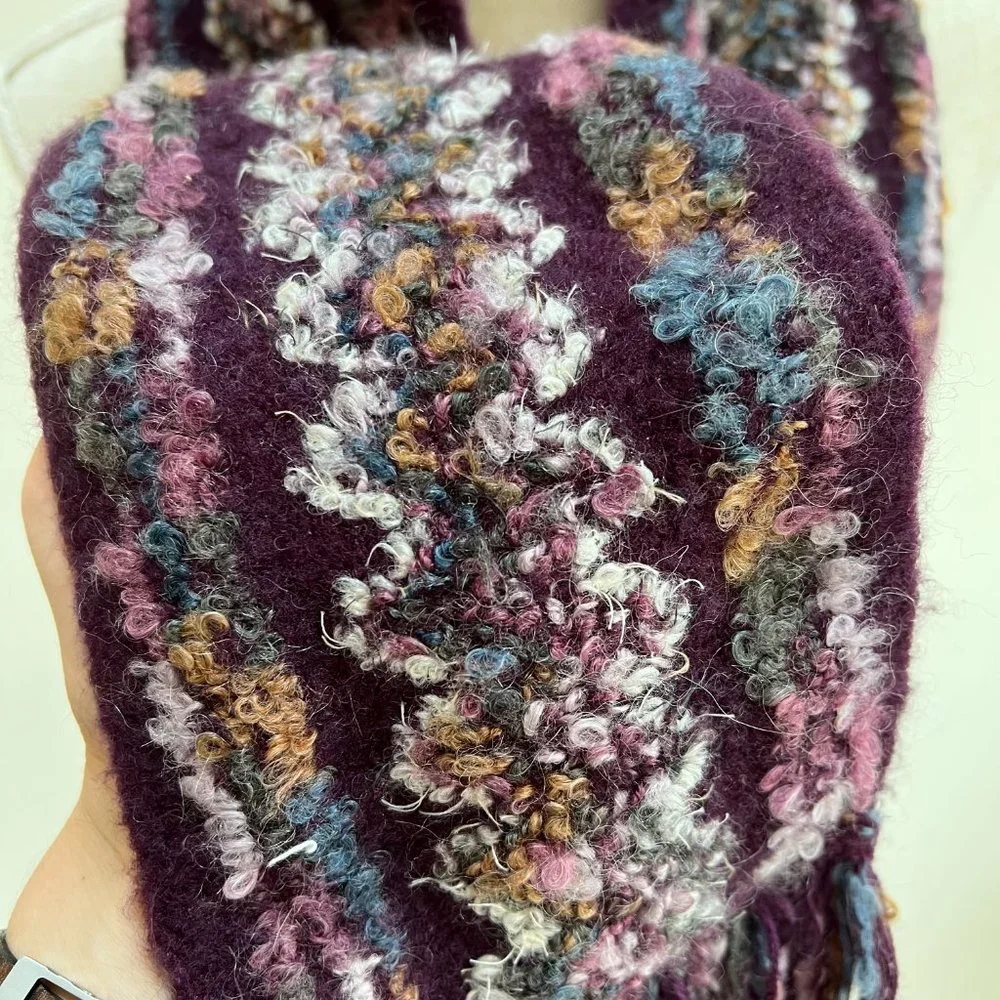 Wool Blend Purple Multi-Color Scarf with Fringe Detail
